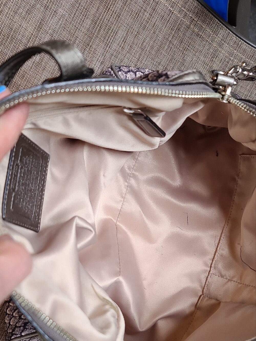 Coach Metallic Snake-Print Satchel in Silver and Taupe - Picture 5 of 10